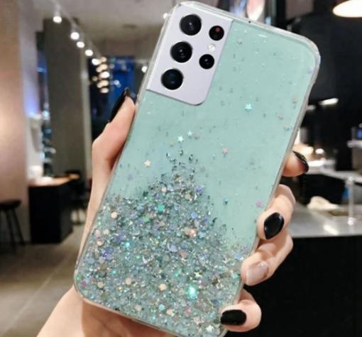 Силиконов калъф / кейс / Brillant Clear Case за Moto E7 Power - зелен / сребрист брокат
