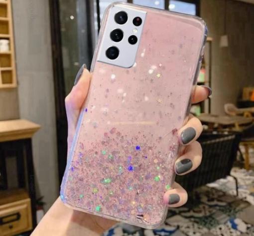 Силиконов калъф / гръб / Brillant Clear Case за Samsung A03s - розов / сребрист брокат