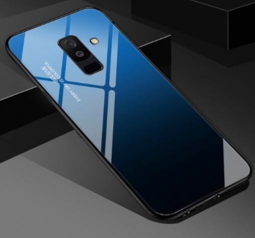 Луксозен стъклен твърд гръб за Samsung A6 Plus 2018 - преливащ / синьо и черно