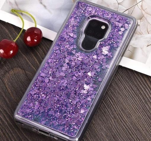 Луксозен твърд гръб 3D Water Case за Motorola Moto E7 - прозрачен / течен гръб / сърца / лилав брокат