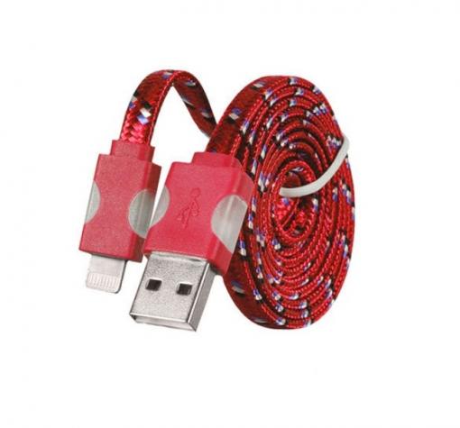 Универсален USB кабел за зареждане и пренос на данни / Universal USB Led Flashing Light Cable 1.2cm за Apple - червен / плетен / светещ