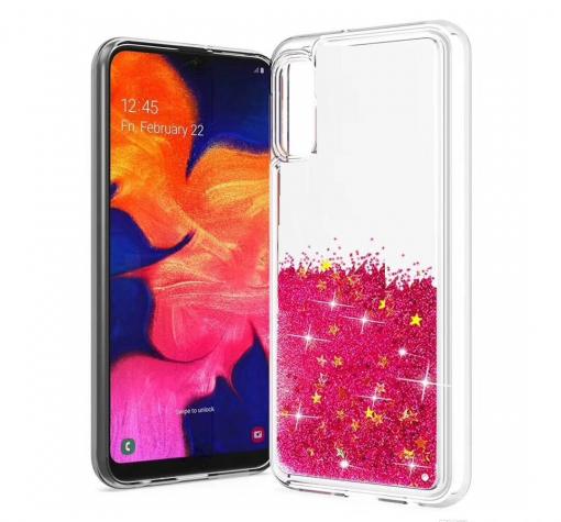 Луксозен твърд гръб 3D Water Case за Samsung A70 - прозрачен / течен гръб с розов брокат