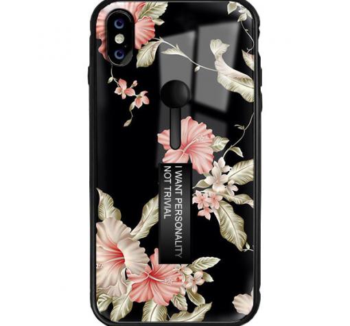 Луксозен гръб с подвижен пръстен/държач за Huawei Mate 20 Pro - черен / цветя