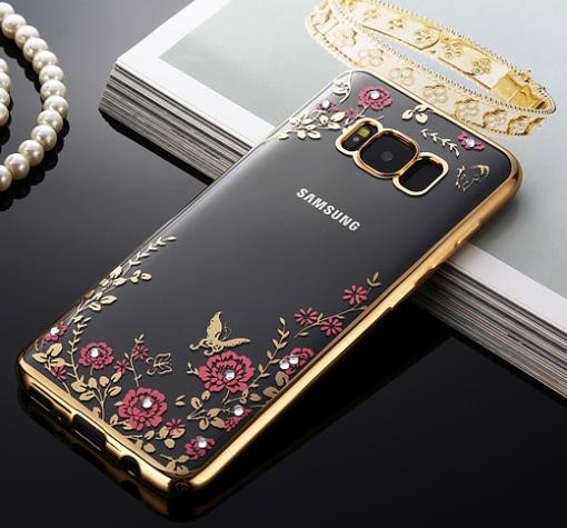 Луксозен силиконов калъф / гръб / TPU с камъни за Samsung S8 Plus G955 - прозрачен / розови цветя / златист кант