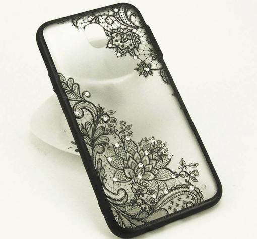 Луксозен твърд гръб със силиконов кант и камъни за Samsung J7 2017 J730 - прозрачен / черни цветя