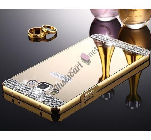 Луксозен алуминиев бъмпер с твърд гръб и камъни за Samsung J3 / J3 2016 J320 - златист / огледален