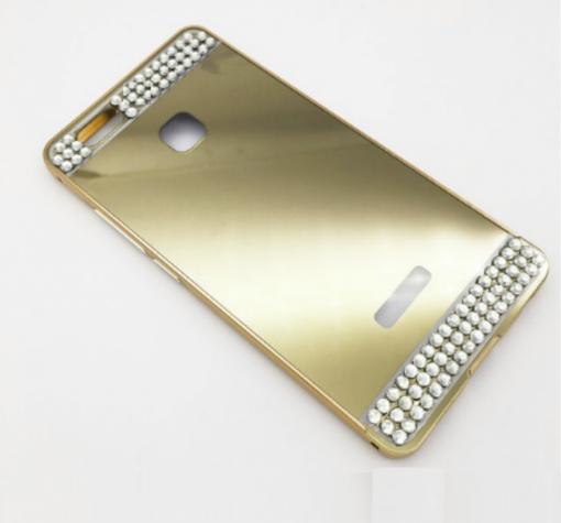 Луксозен алуминиев бъмпер с твърд гръб и камъни за Huawei P9 Lite - златист / огледален
