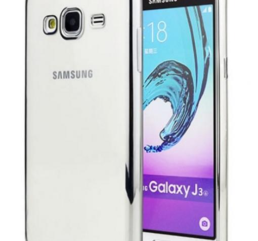 Луксозен силиконов калъф / гръб / TPU за Samsung J3 2016 J320 - прозрачен / сребрист кант