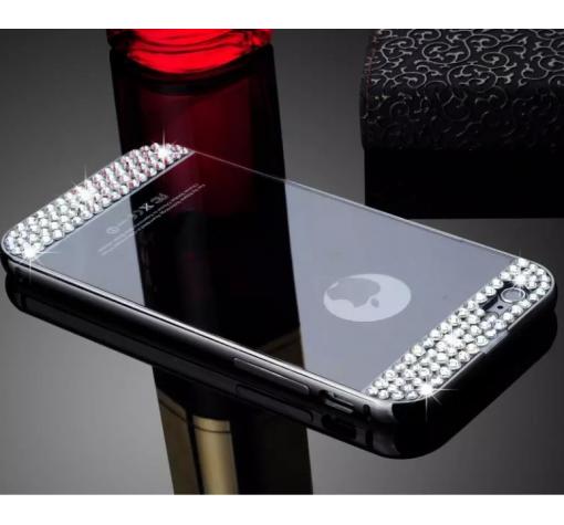 Луксозен алуминиев бъмпер с твърд гръб и камъни за Apple iPhone 6 / iPhone 6S - тъмно сив / огледален