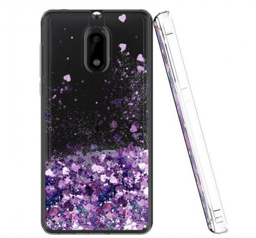 Луксозен твърд гръб 3D Water Case за Nokia 3.1 2018 - прозрачен / течен гръб с лилав брокат