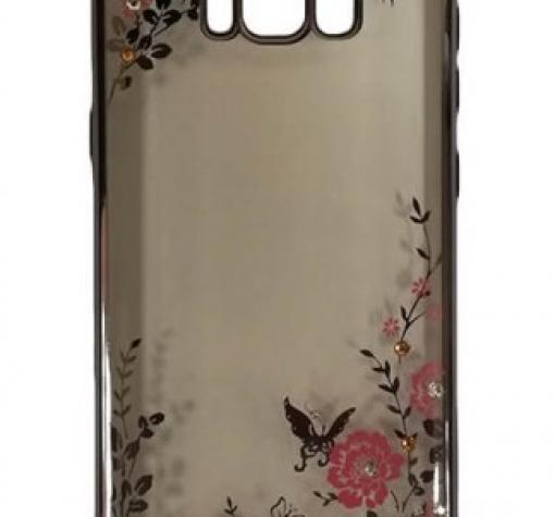 Луксозен силиконов калъф / гръб / TPU с камъни за Samsung S8 G950 - прозрачен / розови цветя / черен кант