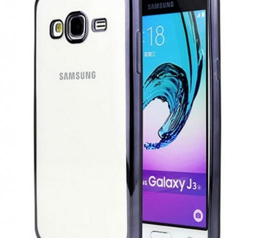 Луксозен силиконов калъф / гръб / TPU за Samsung J3 2016 J320 - прозрачен / черен кант