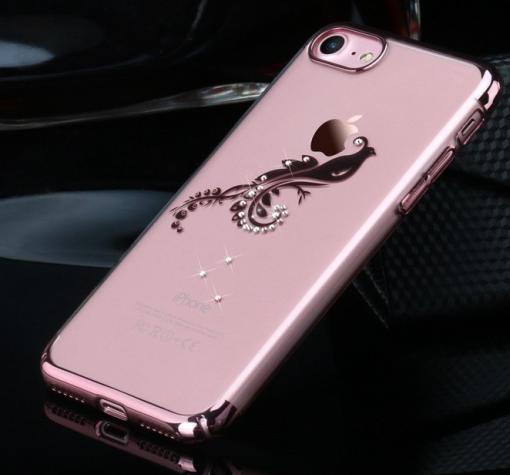 Оригинален твърд гръб с камъни USAMS ZANDER Series за Apple iPhone 7 - прозрачен / Rose Gold кант / паун