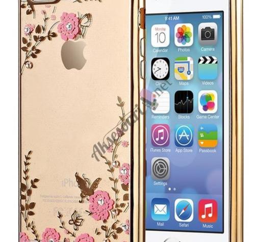 Луксозен силиконов калъф / гръб / TPU с камъни за Apple iPhone 6 / iPhone 6S - прозрачен / розови цветя / златист кант