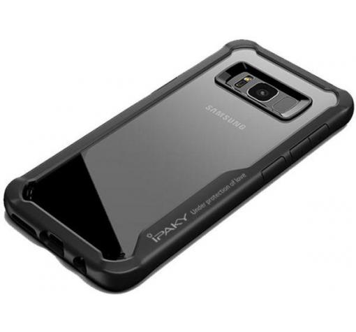 Луксозен твърд гръб IPAKY за Samsung S10 Plus - прозрачен / силиконов черен кант