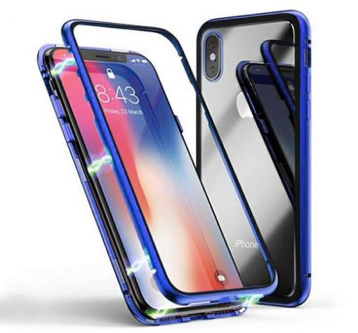 Магнитен калъф Bumper Case 360° FULL за Apple iPhone X / iPhone XS - прозрачен / синя рамка