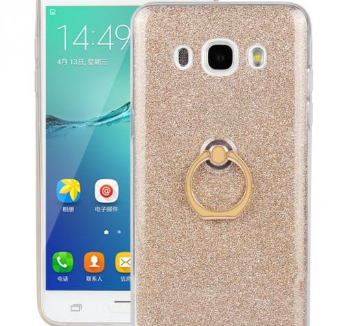 Луксозен силиконов гръб със стойка за Samsung J5 2016 J510 - златист / брокат