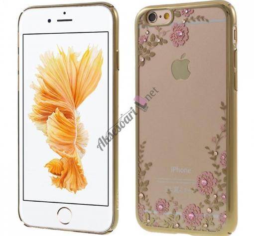 Луксозен твърд гръб KAVARO с камъни Swarovski за Apple iPhone 7 - прозрачен / розови цветя / златист кант