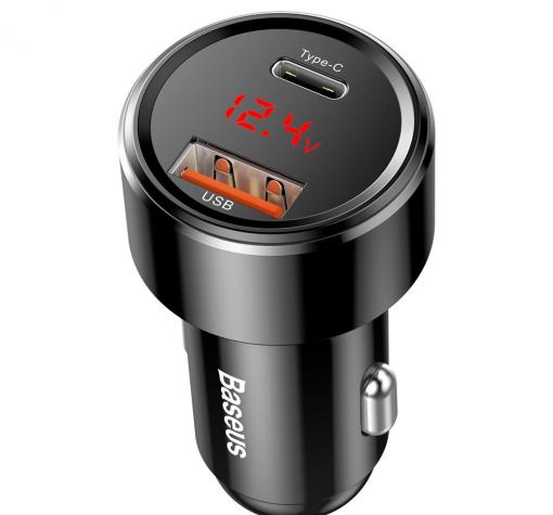 Универсално зарядно за кола Baseus LED Display Dual USB & USB-C QC 4.0 Car Charger 45W 12V - черно