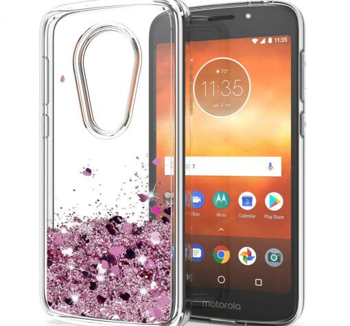 Луксозен твърд гръб 3D Water Case за Motorola Moto E5 - прозрачен / течен гръб със светло розов брокат