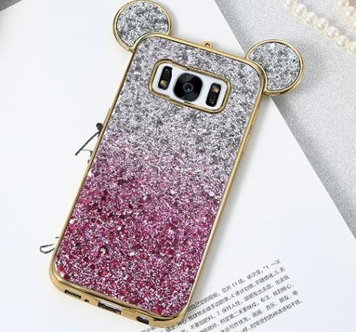 Луксозен силиконов калъф / гръб / TPU 3D за Samsung S8 G950 - преливащ / розово и сребристо / брокат / миши ушички
