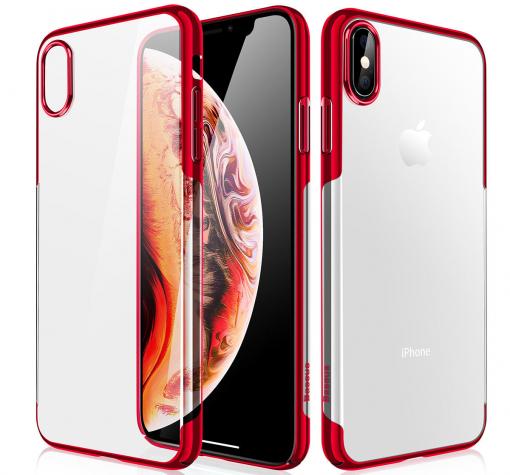 Луксозен твърд гръб Baseus Glitter Clear Case за Apple iPhone XS Max - прозрачен / червен кант