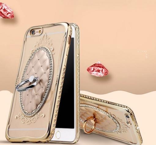 Луксозен силиконов калъф / гръб / със стойка TPU 3D SHENGO за Apple iPhone 6 / iPhone 6S - ромбове / златист кант