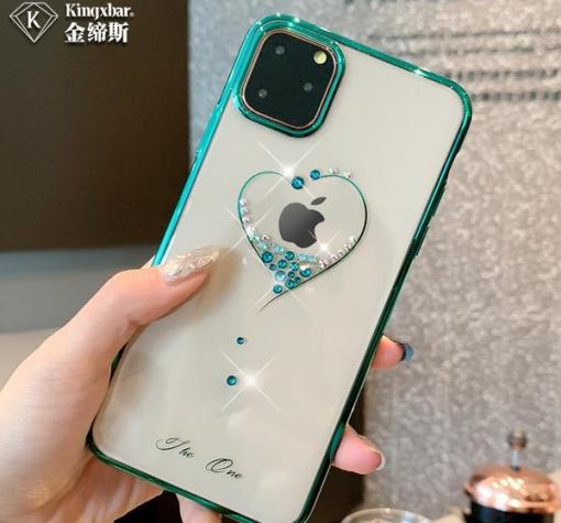 Луксозен твърд гръб KINGXBAR Swarovski Diamond за Apple iPhone 11 Pro 5.8" - прозрачен / тюркоаз кант / сърце