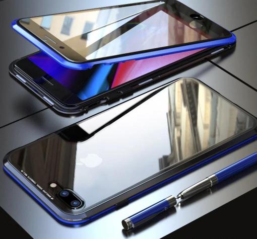 Магнитен калъф Bumper Case 360° FULL за Apple iPhone 7 / iPhone 8 - прозрачен / синя рамка