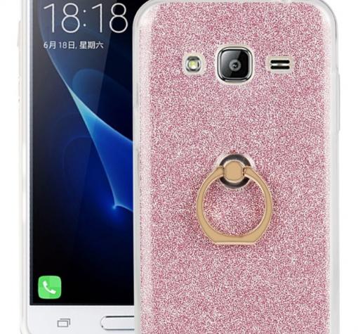 Луксозен силиконов гръб със стойка за Samsung J3 / J3 2016 J320 - Rose Gold / брокат