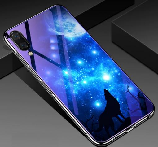 Луксозен стъклен твърд гръб със силиконов кант за Huawei Y7 2019 - синьо съзвездие