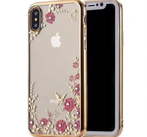 Луксозен силиконов калъф / гръб / TPU с камъни за Apple iPhone XR - прозрачен / розови цветя / златен кант