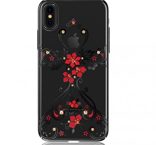 Луксозен твърд гръб KINGXBAR Swarovski Diamond за Apple iPhone X - прозрачен / черен кант / цветя