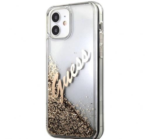 Оригинален гръб 3D Guess Glitter Case за Apple iPhone 12 /12 Pro 6.1'' - златист надпис / златист брокат