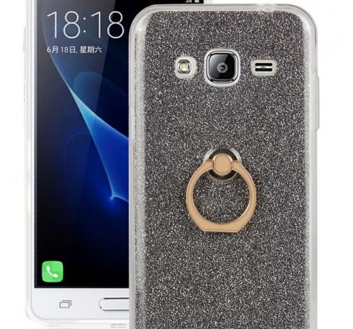 Луксозен силиконов гръб със стойка за Samsung J3 / J3 2016 J320 - тъмно сив / брокат