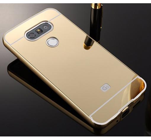 Луксозен алуминиев бъмпер с твърд гръб за LG G5 - огледален / златист
