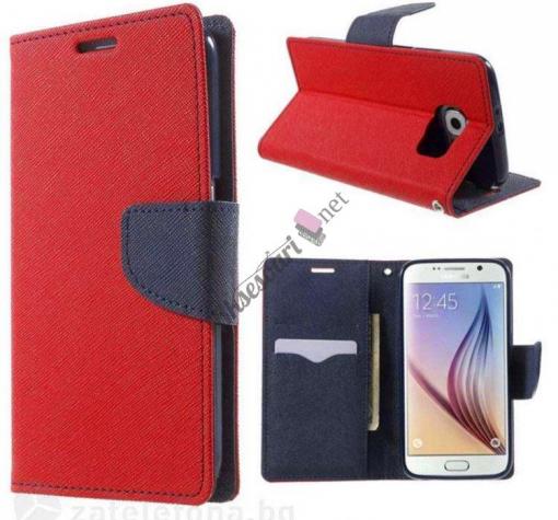 Кожен калъф Flip тефтер Mercury GOOSPERY Fancy Diary със стойка за Samsung S6 Edge G925 - червен