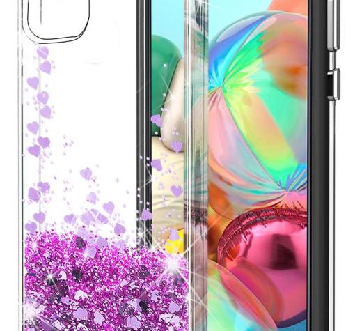 Луксозен твърд гръб 3D Water Case за Samsung A21s - прозрачен / течен гръб с брокат / сърца / лилав