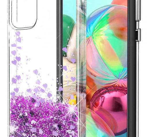 Луксозен твърд гръб 3D Water Case за Xiaomi Redmi Note 10 5G - прозрачен / течен гръб / сърца / лилав брокат