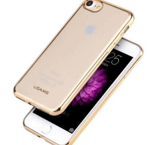 Луксозен силиконов калъф / гръб / TPU USAMS Kim Series за Apple iPhone 7 - прозрачен / златист кант