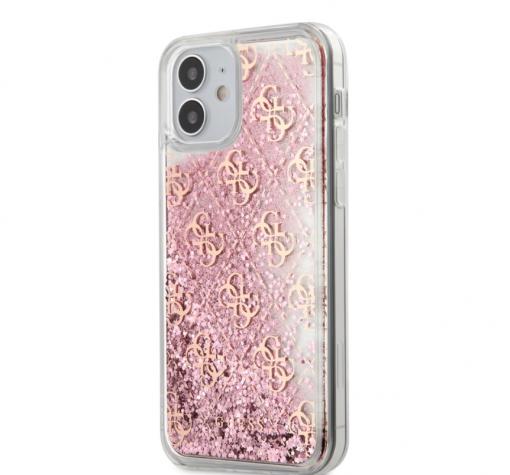 Луксозен гръб 3D Guess Glitter Case за Apple iPhone 12 /12 Pro 6.1'' - прозрачен / розов брокат