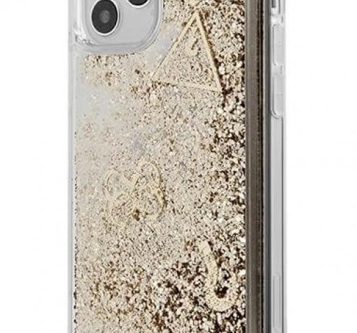 Луксозен гръб 3D Guess Glitter Case за Apple iPhone 12 Pro Max 6.7'' - прозрачен / златист брокат / фигури