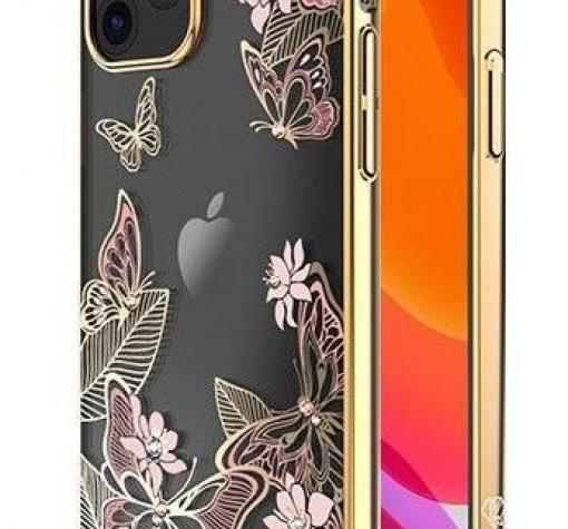 Луксозен твърд гръб KINGXBAR Swarovski Diamond за Apple iPhone 12 /12 Pro 6.1'' - прозрачен със златен кант / пеперуди