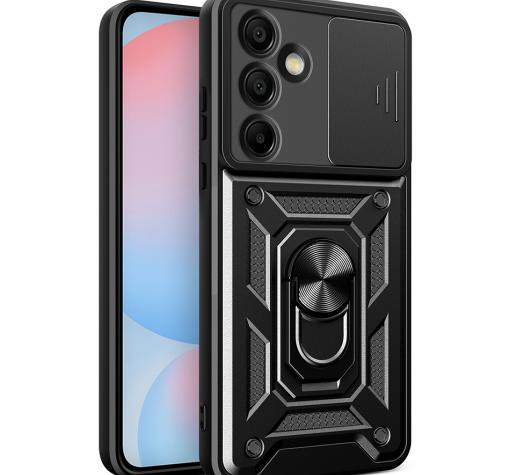Удароустойчив гръб TPU кейс Slide Camera Case Magnetic Finger Ring Car Holder за Samsung S24 FE - черен