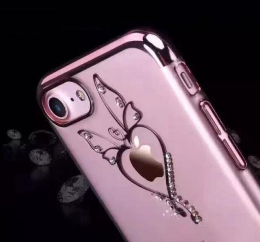 Оригинален твърд гръб с камъни USAMS ZANDER Series за Apple iPhone 7 - прозрачен / Rose Gold кант / сърце