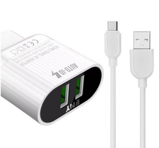 Универсално зарядно устройство / EMY MY-202 220V с 2 USB порта и Micro USB кабел 2.4А за Samsung, Apple, LG, HTC, Sony, Nokia, Huawei, Xiaomi и др. - бяло