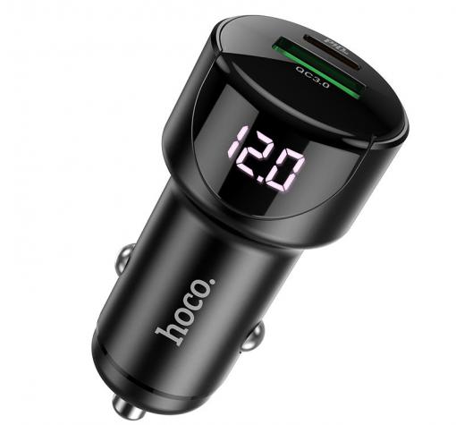 Универсално зарядно за кола HOCO PD20W Digital Display / Dual USB / Type-C Quick Car Charger QC3.0 - черно