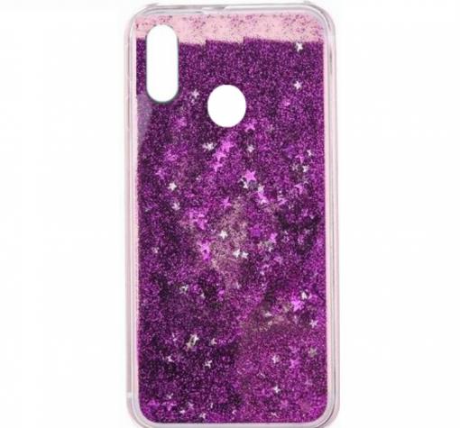 Луксозен твърд гръб 3D Water Case за Huawei P20 Lite - прозрачен / течен гръб с лилав брокат / звездички