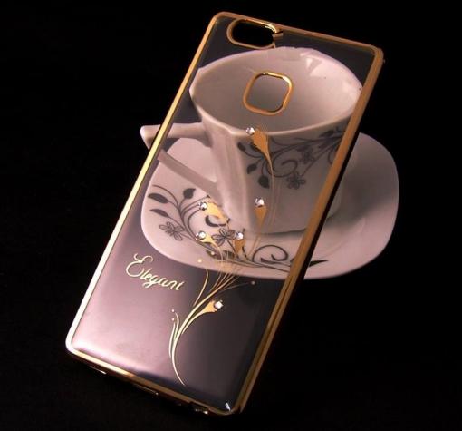 Луксозен силиконов калъф / гръб / TPU / Elegant с камъни за Huawei Nova - прозрачен със златист кант / перо