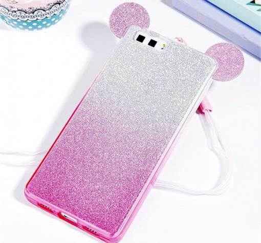 Луксозен силиконов калъф / гръб / TPU 3D за Huawei P10 - преливащ / розово и сребристо / брокат / миши ушички / 2в1